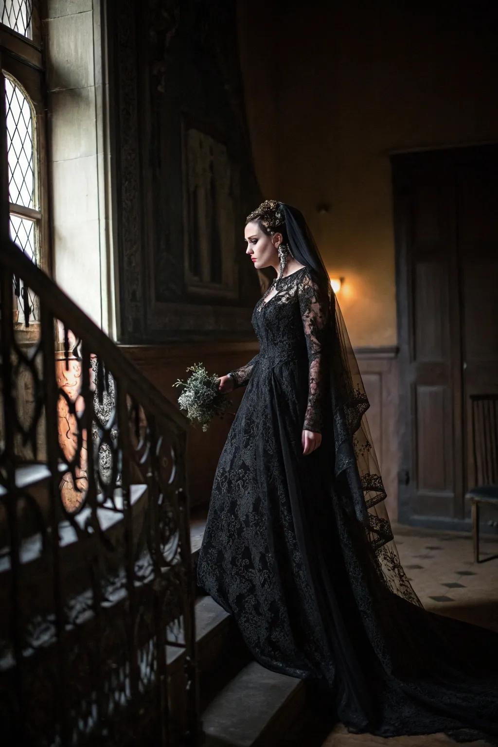 A gothic bride showcased in an unforgettable ebony lace wedding gown.
