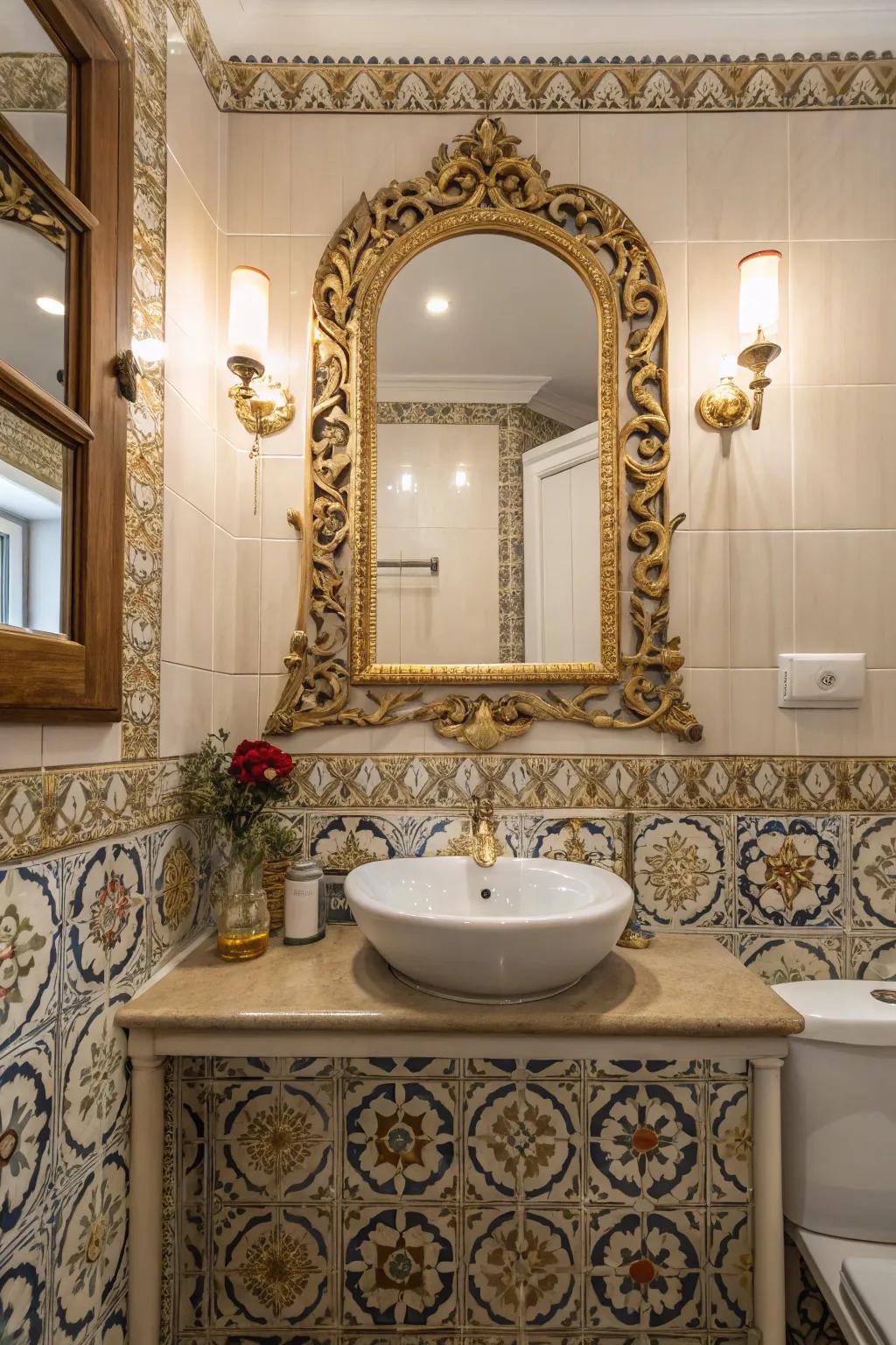 Complex details amplify the gothic charm of this bathroom.