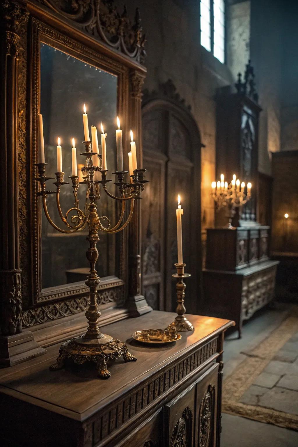 A candle stand introduces coziness and intrigue to your shadowy dressing table.