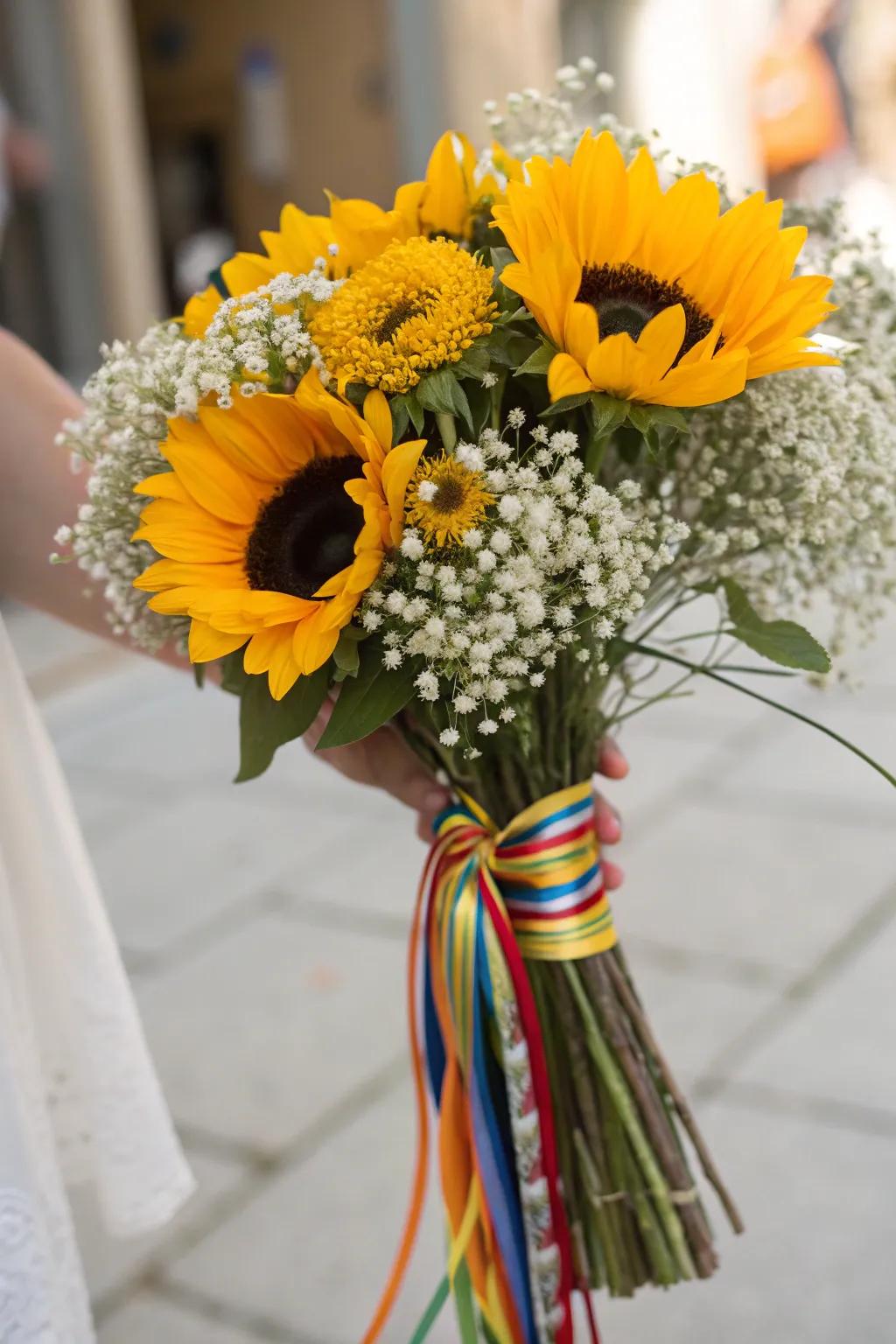An energetic sunflower arrangement perfect for celebrating graduation.