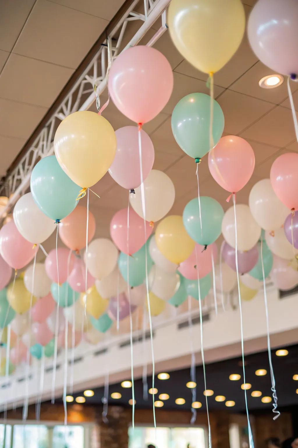 Suspended balloons transform the ceiling into an enchanting scene.