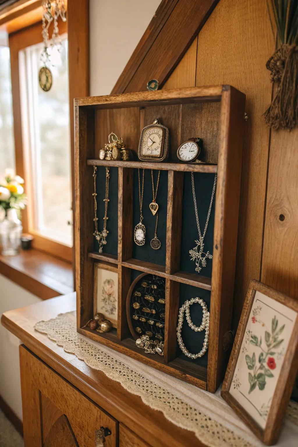 Preserve memories with antique keepsakes in a display.