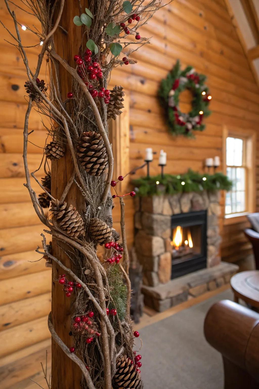 A grapevine tree decorated with pinecones and berries, adding a rustic touch.