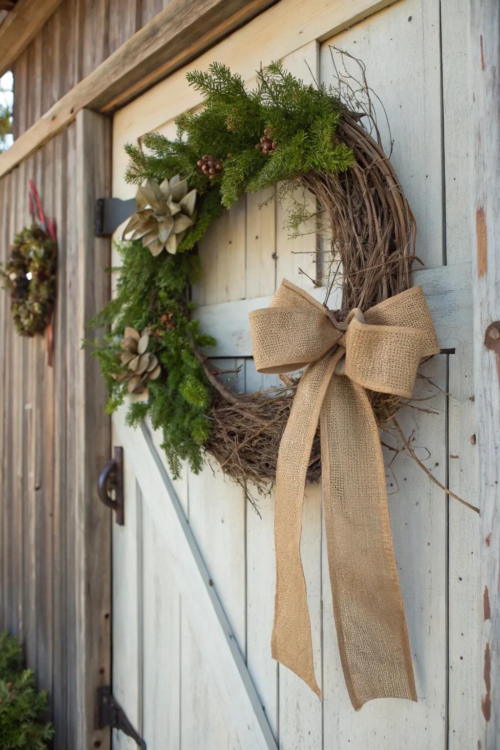 A rustic grapevine wreath decorated with burlap and a bow.