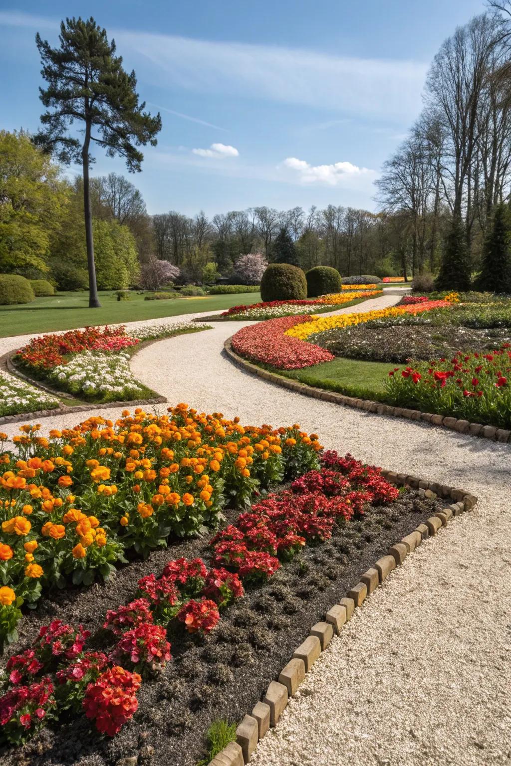 A flower garden employing differing stone shades for dramatic effect