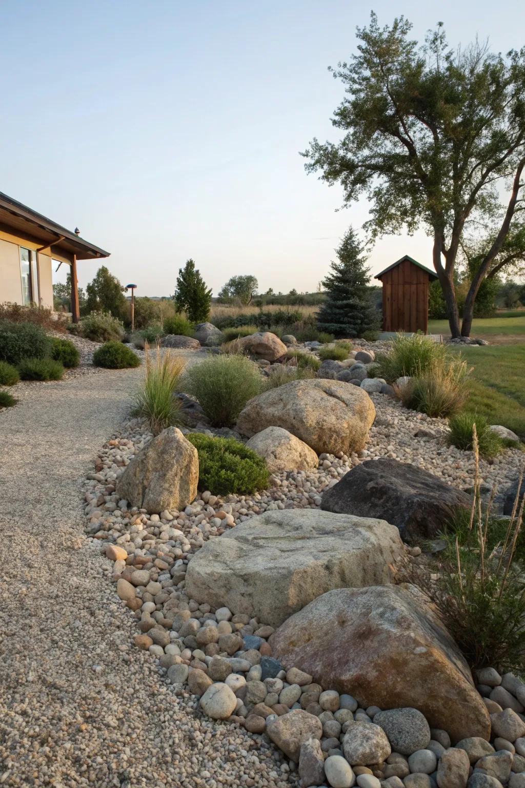 Earthy elements such as rocks and gravel merge seamlessly for a natural aesthetic.