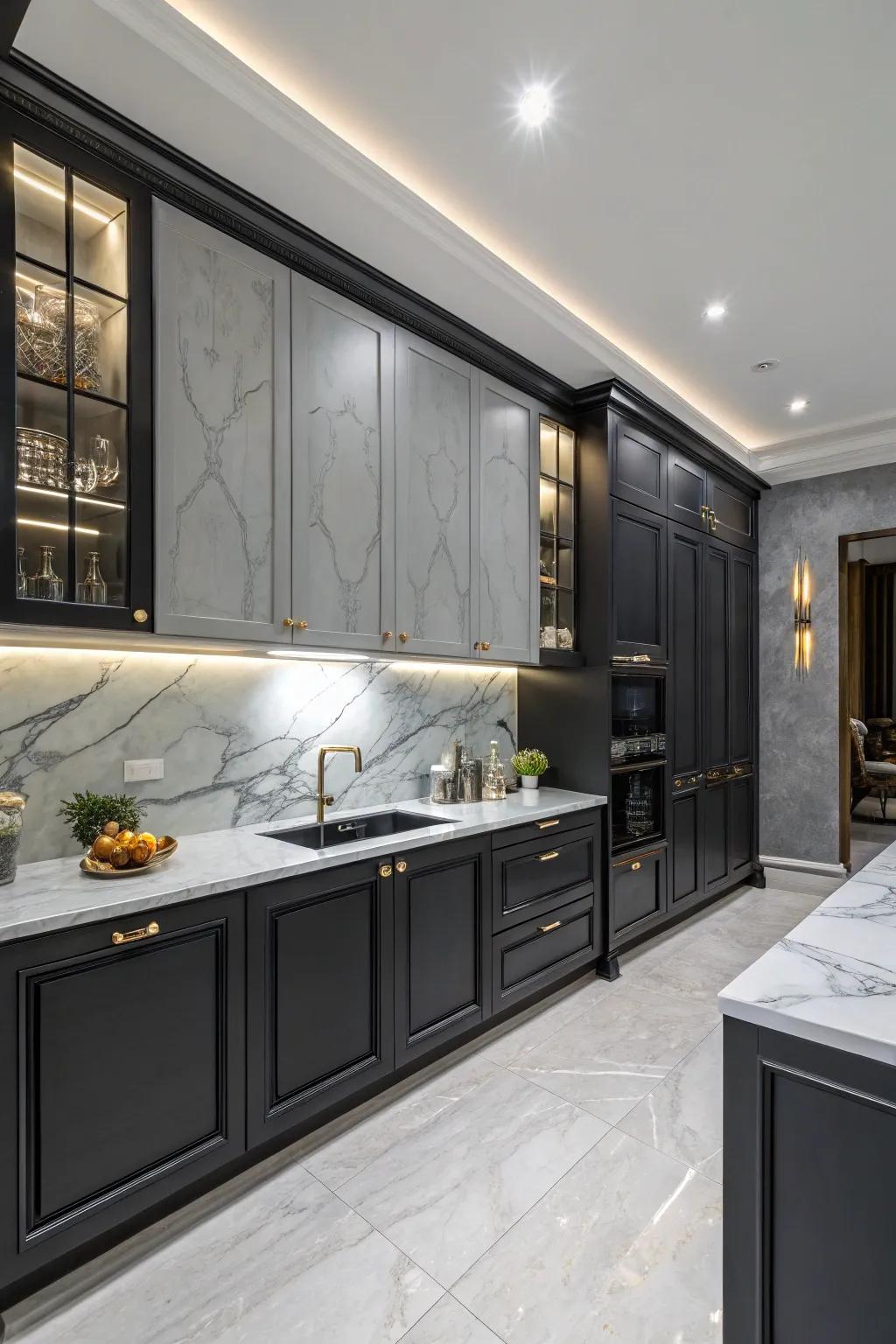 Marble worktops enhance the kitchen's sophistication.