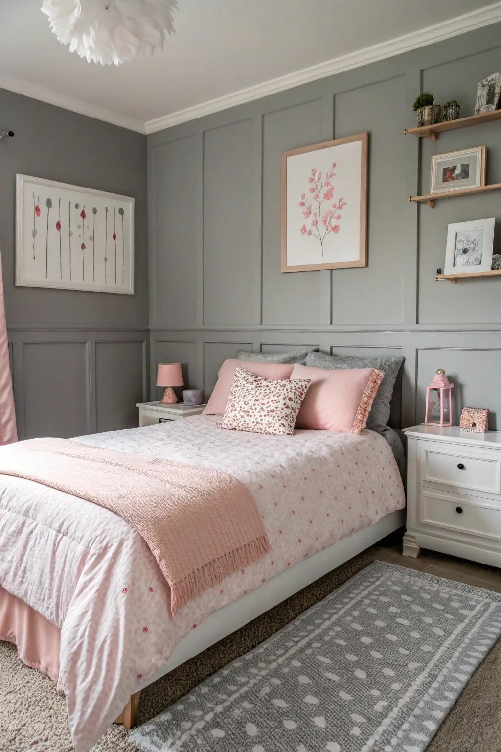 A sentimental gray and rosy pink bedroom.