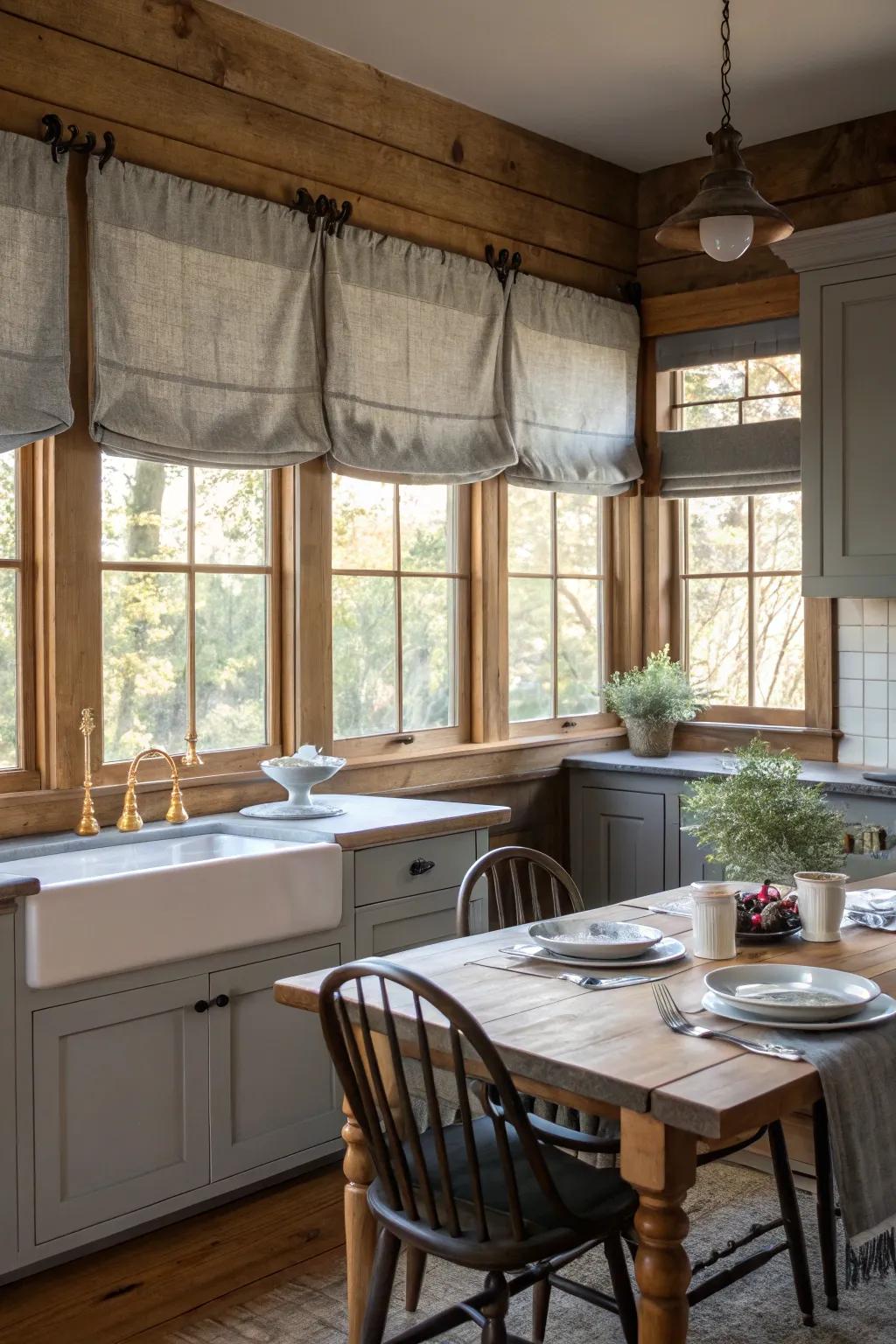 Simple gray window toppers add elegant architectural appeal to your kitchen windows.