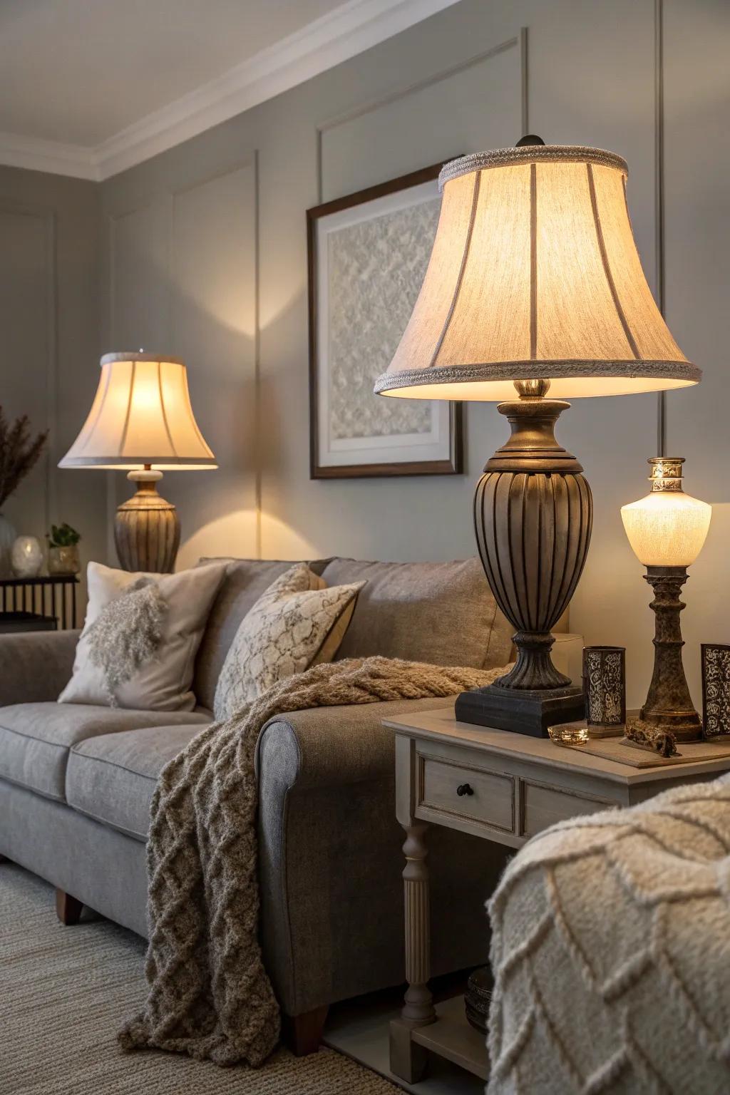 Warm lighting amplifies the intimacy of a gray room.