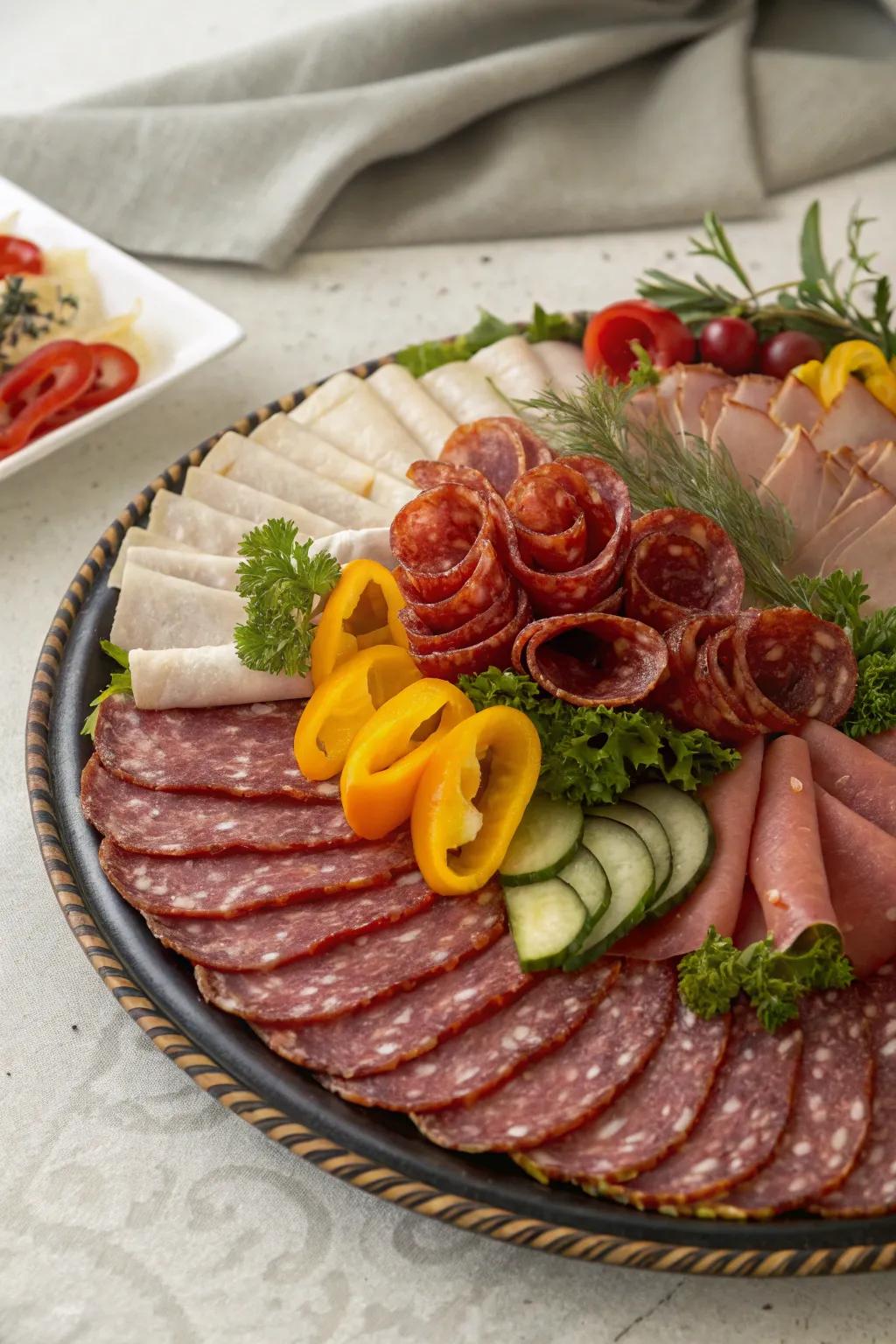 A delightful charcuterie assortment with rolled meats for an elegant detail.