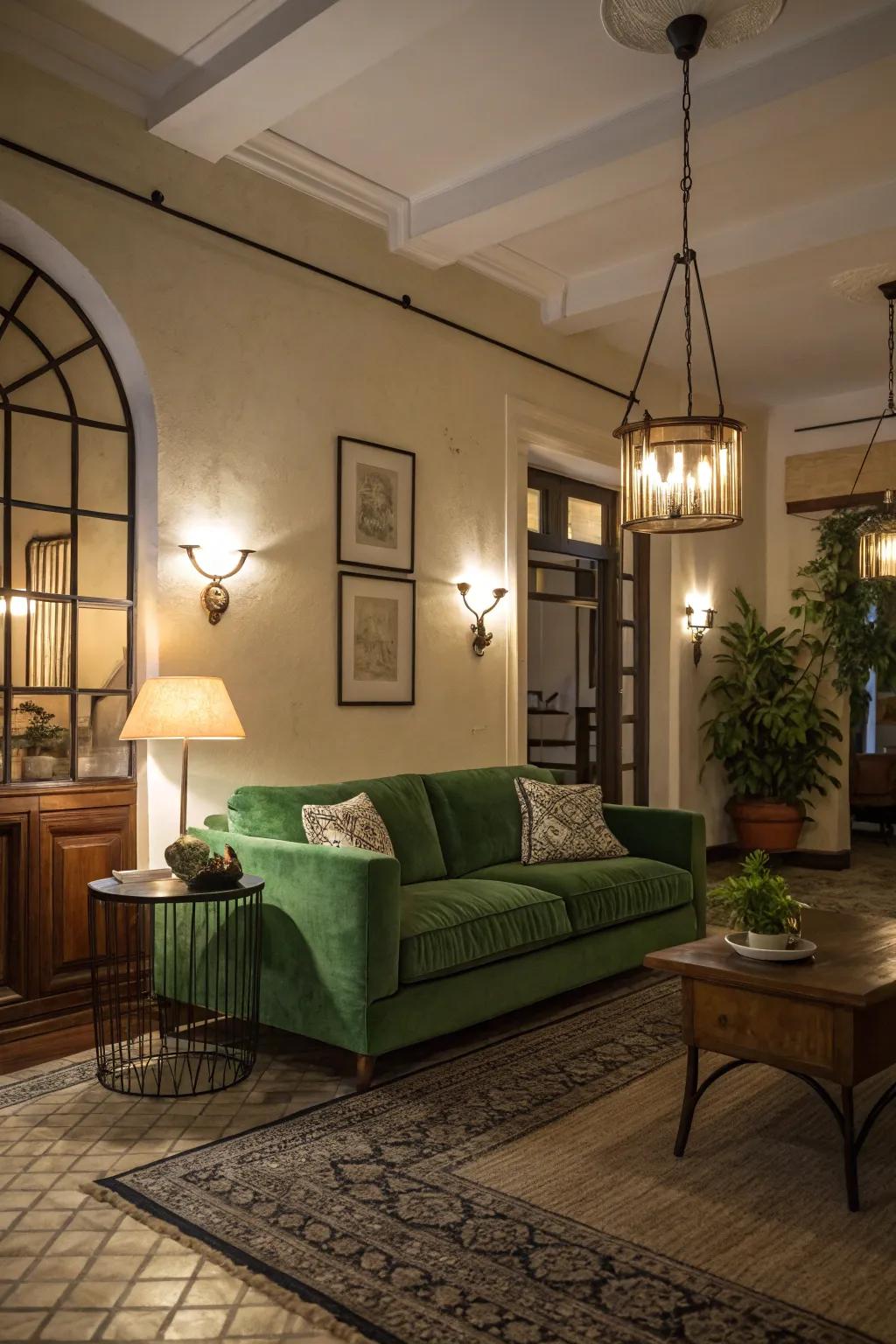 Cascading illumination boosts the aesthetic charm of a verdant couch while shaping the room's atmosphere.