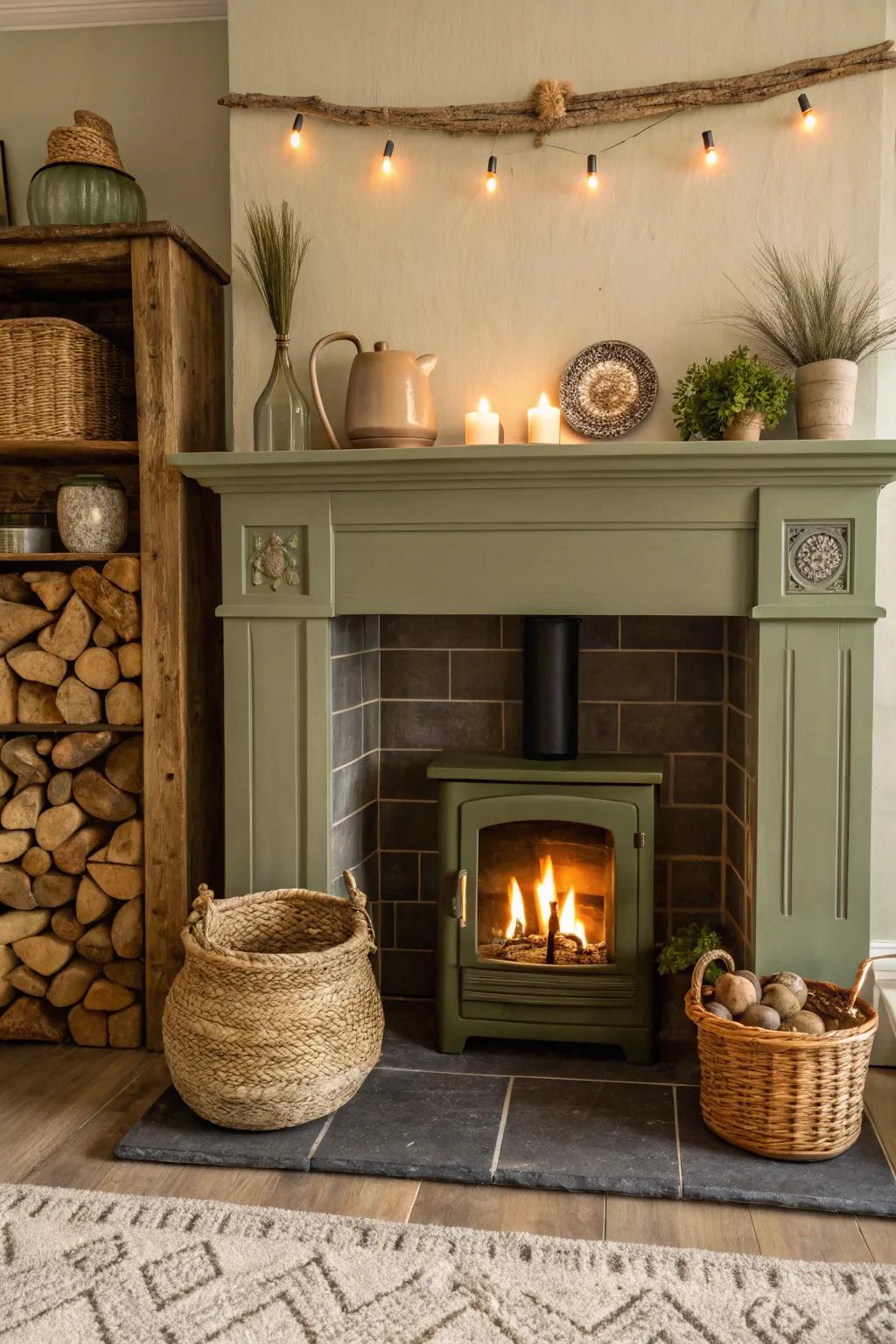 An inviting fireplace with tea green shades and soil decor.