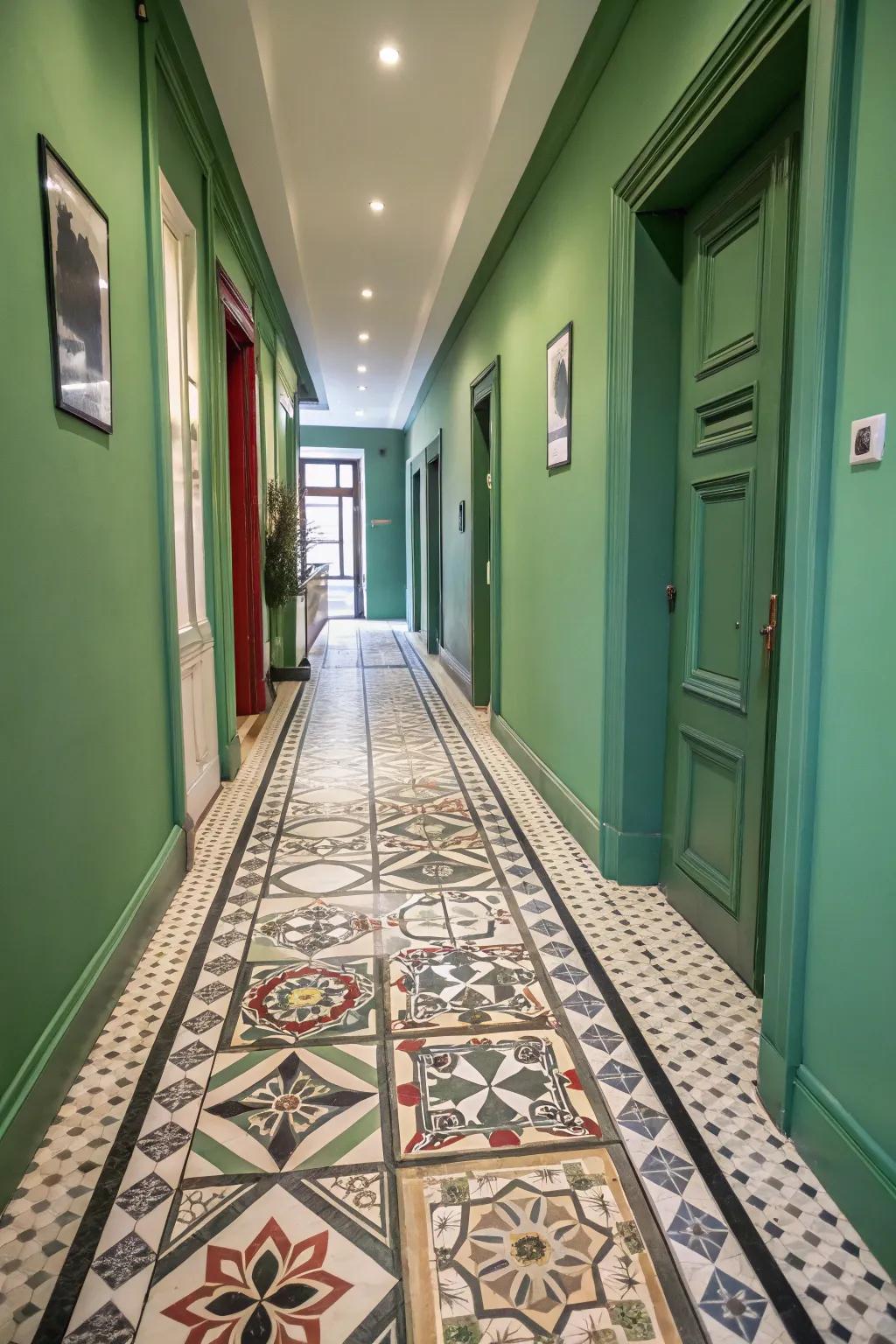 Geometric tiles add a modern twist to this green-themed hallway.