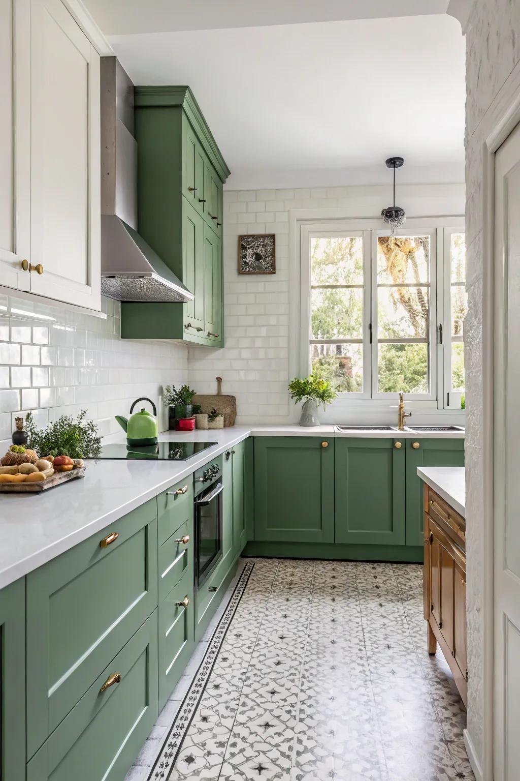 Pure white walls beautifully complement green cabinets, creating a revitalizing atmosphere.
