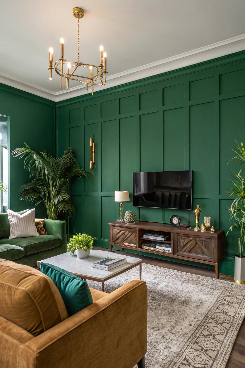 A bold green accent wall adds drama and interest.