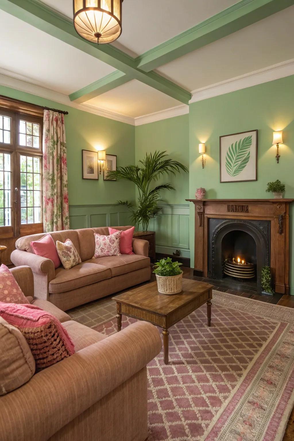 Delicate pink and brown details bring warmth to this green-themed space.