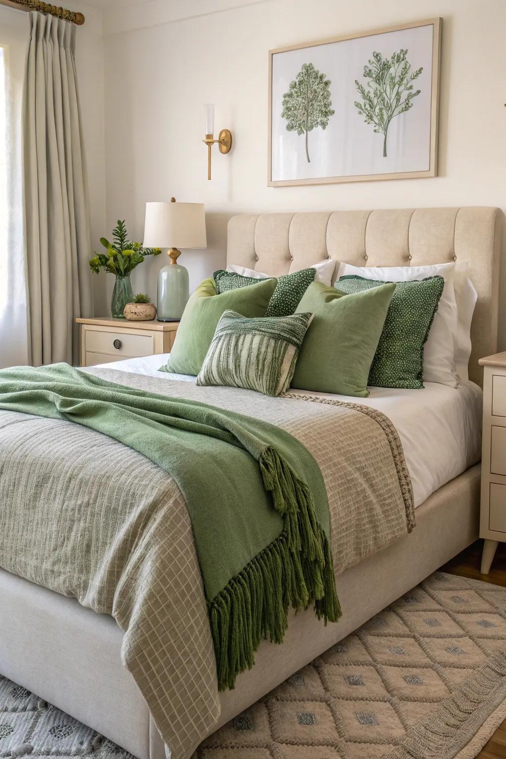 Green bedroom highlights bring a refreshing vibe to the bedroom.