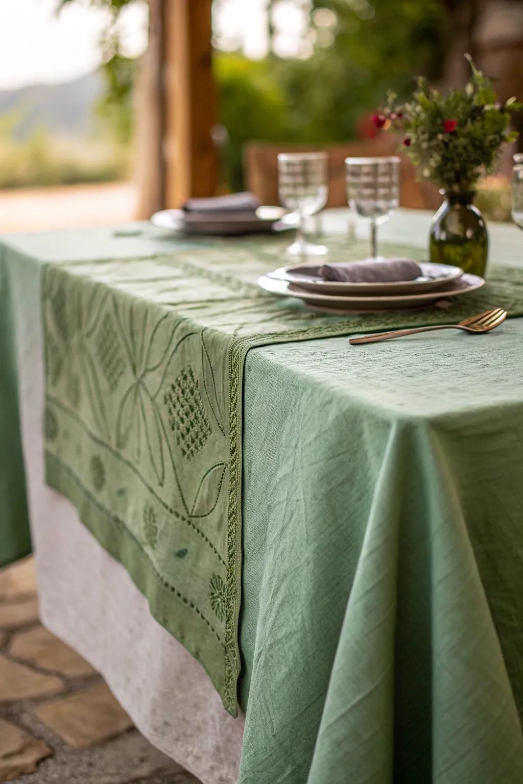 A textured emerald table covering enhancing the richness of the arrangement.