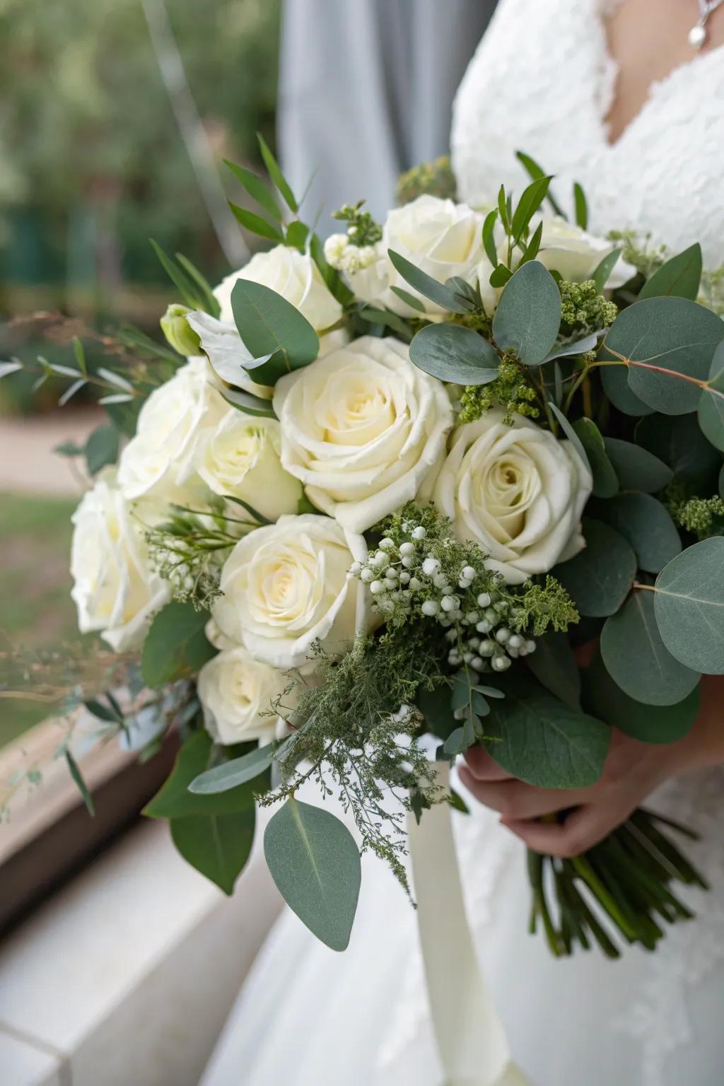 Bridal bouquet featuring lush foliage and exquisite ivory roses.