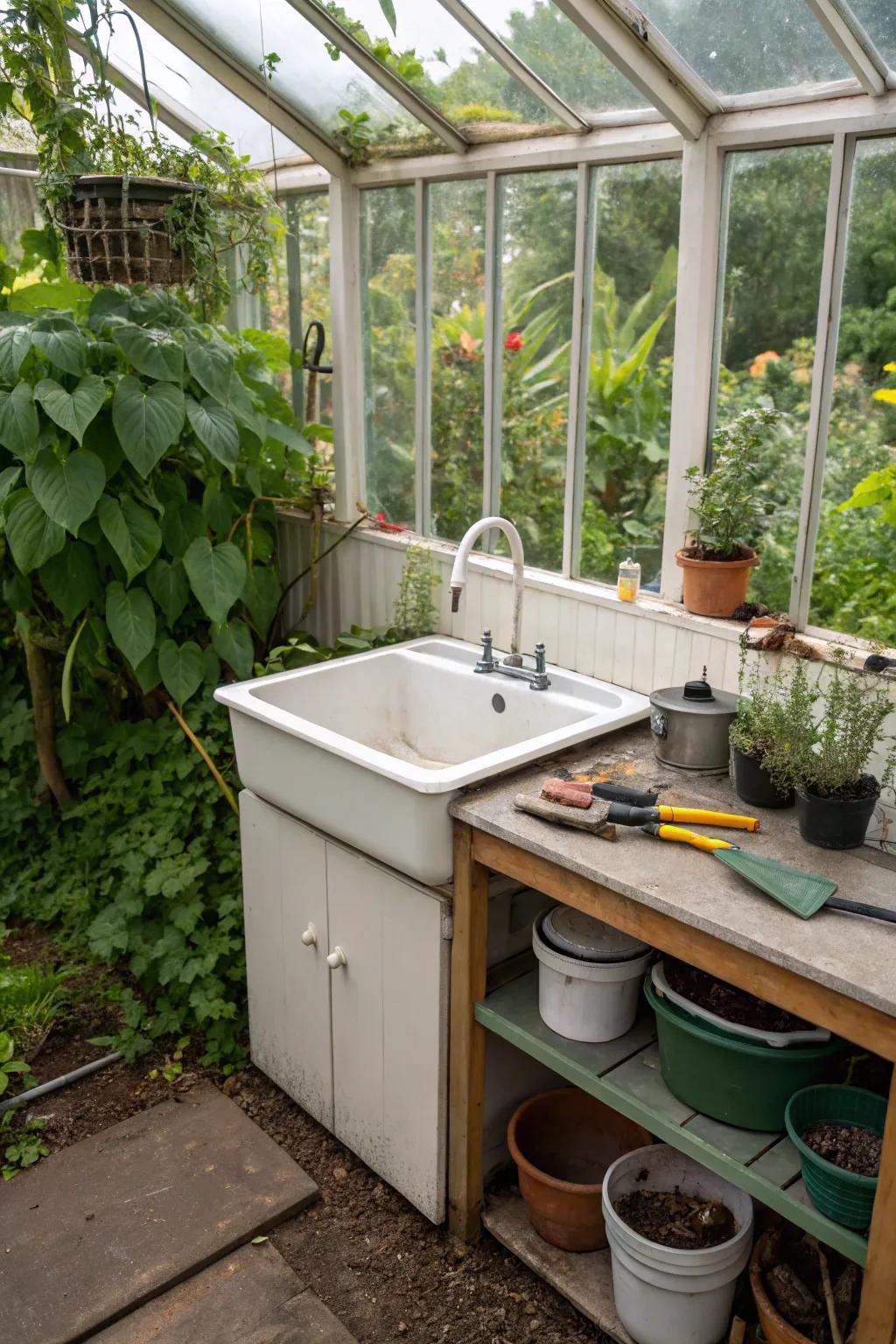A compact corner sink that maximizes space in a small greenhouse.