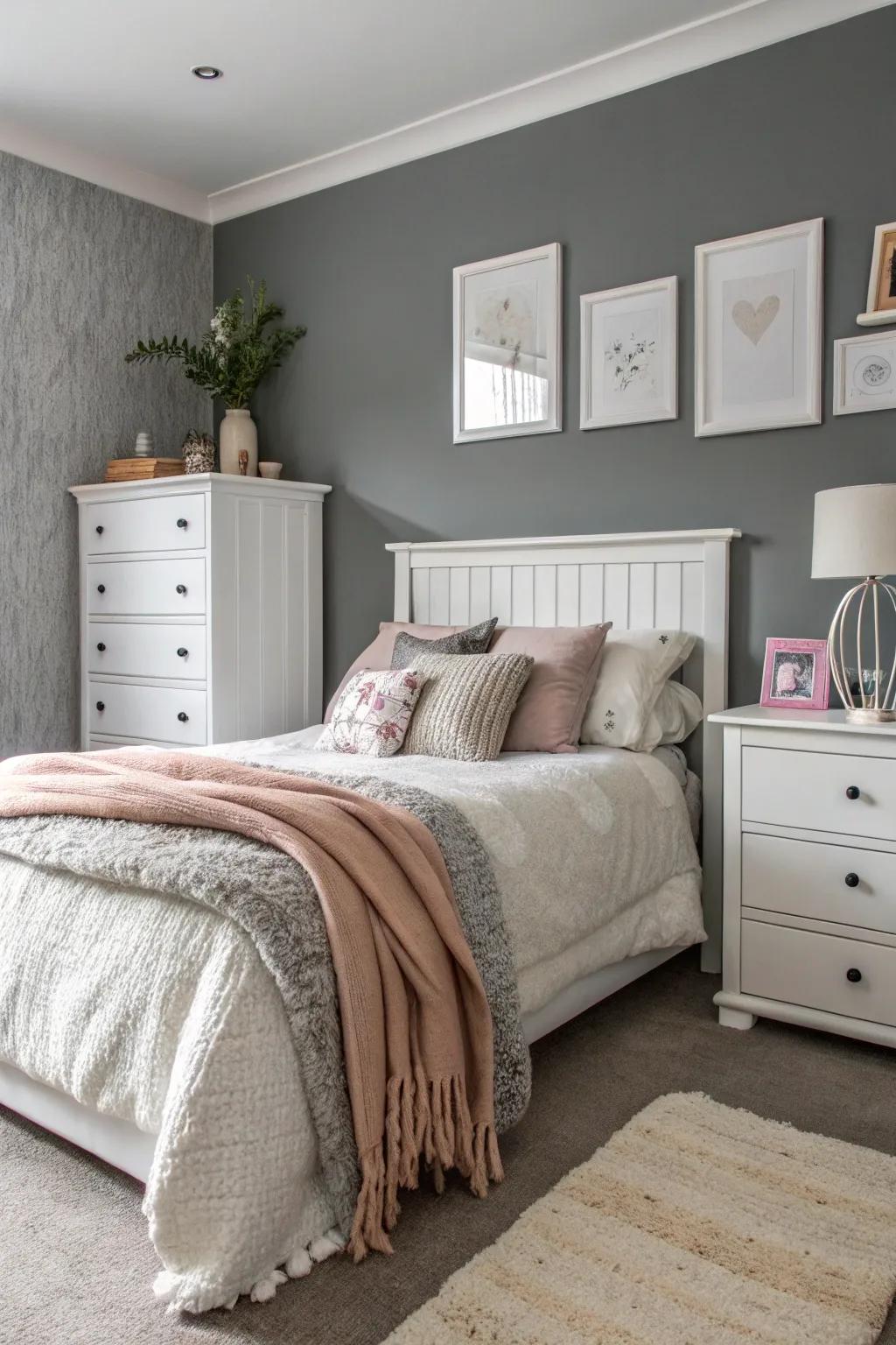 A quintessential grey and white bedroom radiating sophistication.