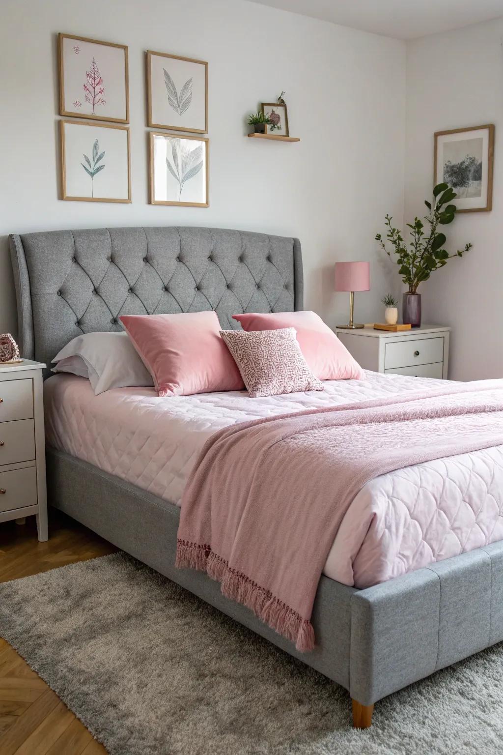 Grey furnishings act as a sophisticated base for pops of pink.