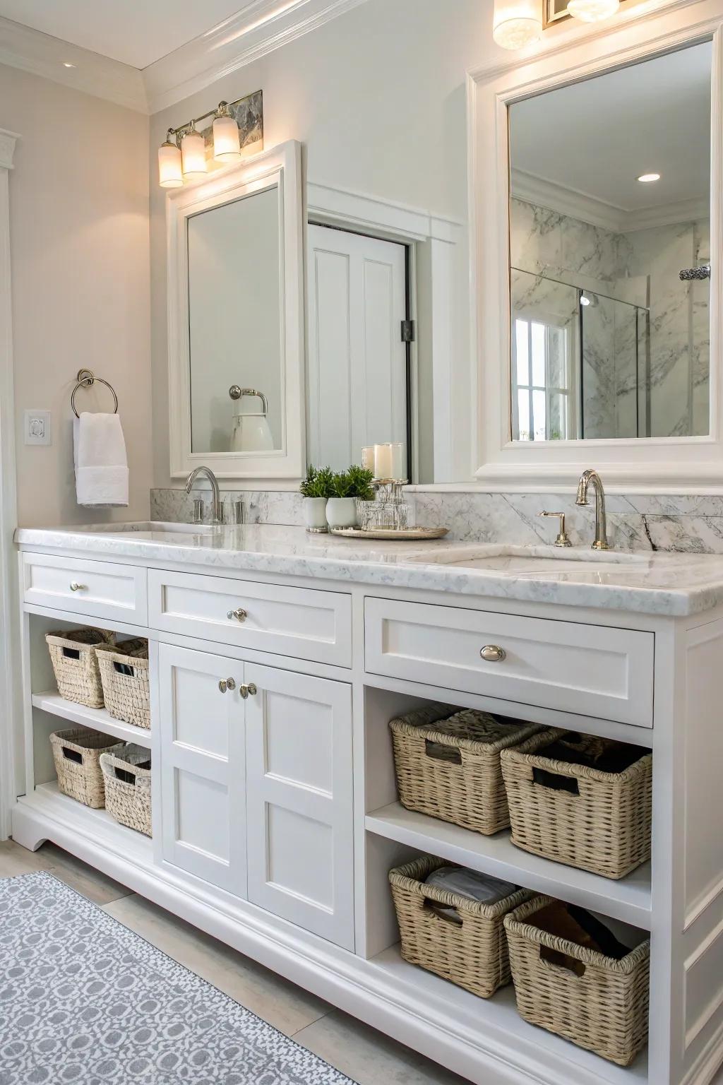 White vanities with marble countertops add an element of luxury to the bathroom.