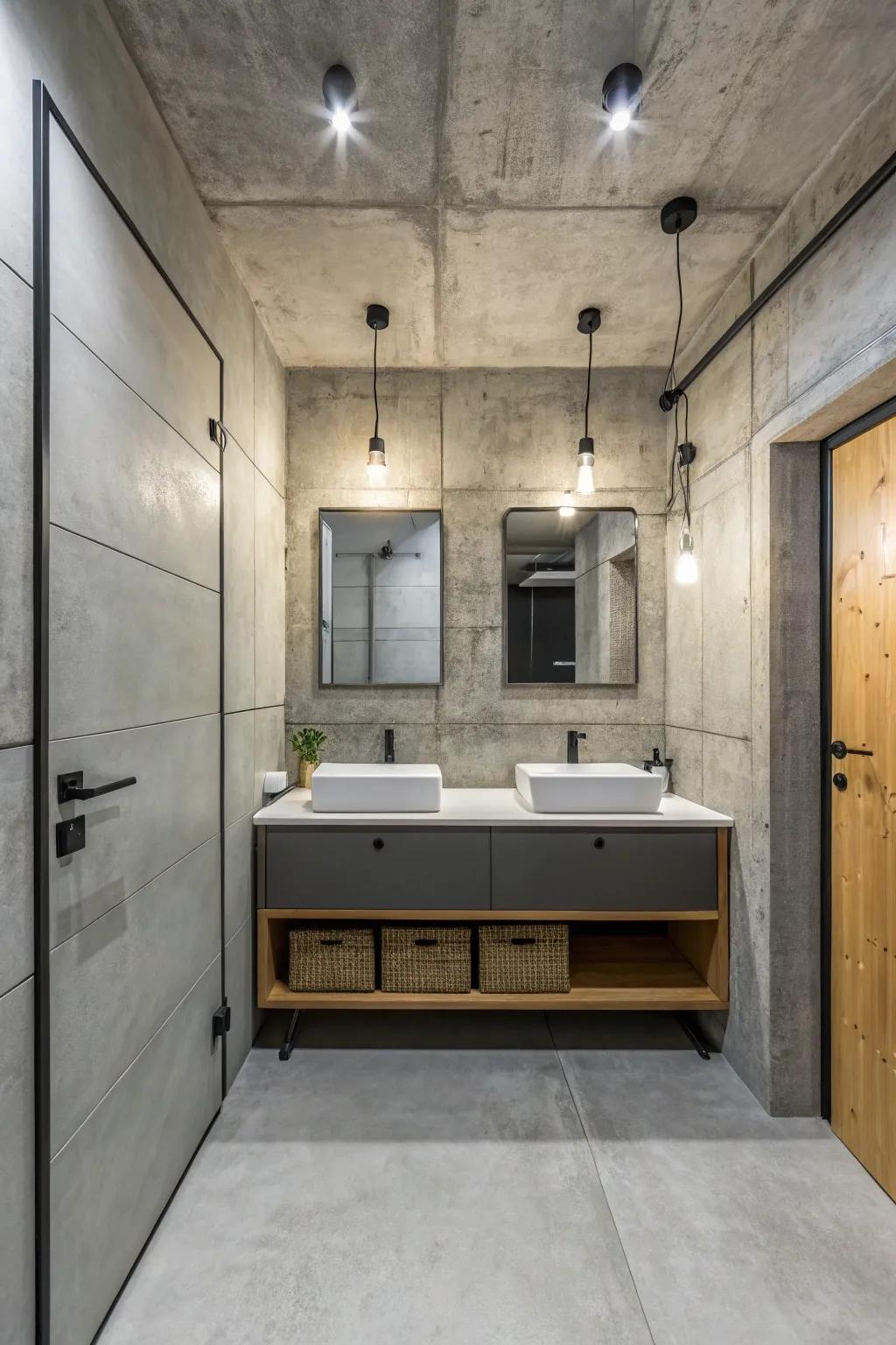 Cement grey creates a modern industrial aesthetic within this minimalist restroom.