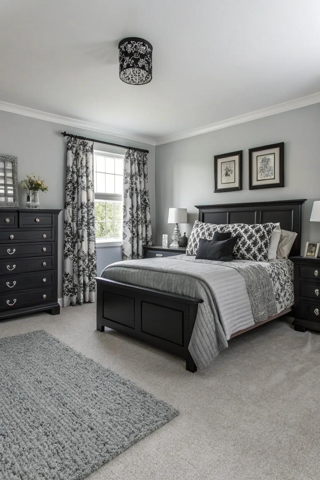 A monochrome color scheme provides this ash-toned floor covering bedroom a modern, sophisticated feel.