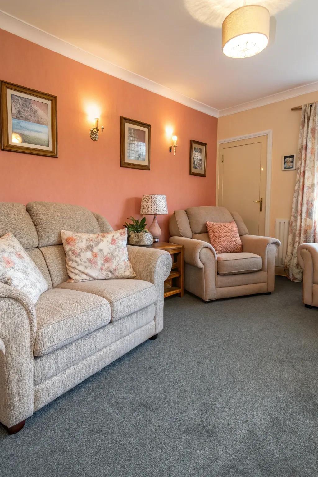 Apricot walls infuse charm and warmth alongside grey carpets.