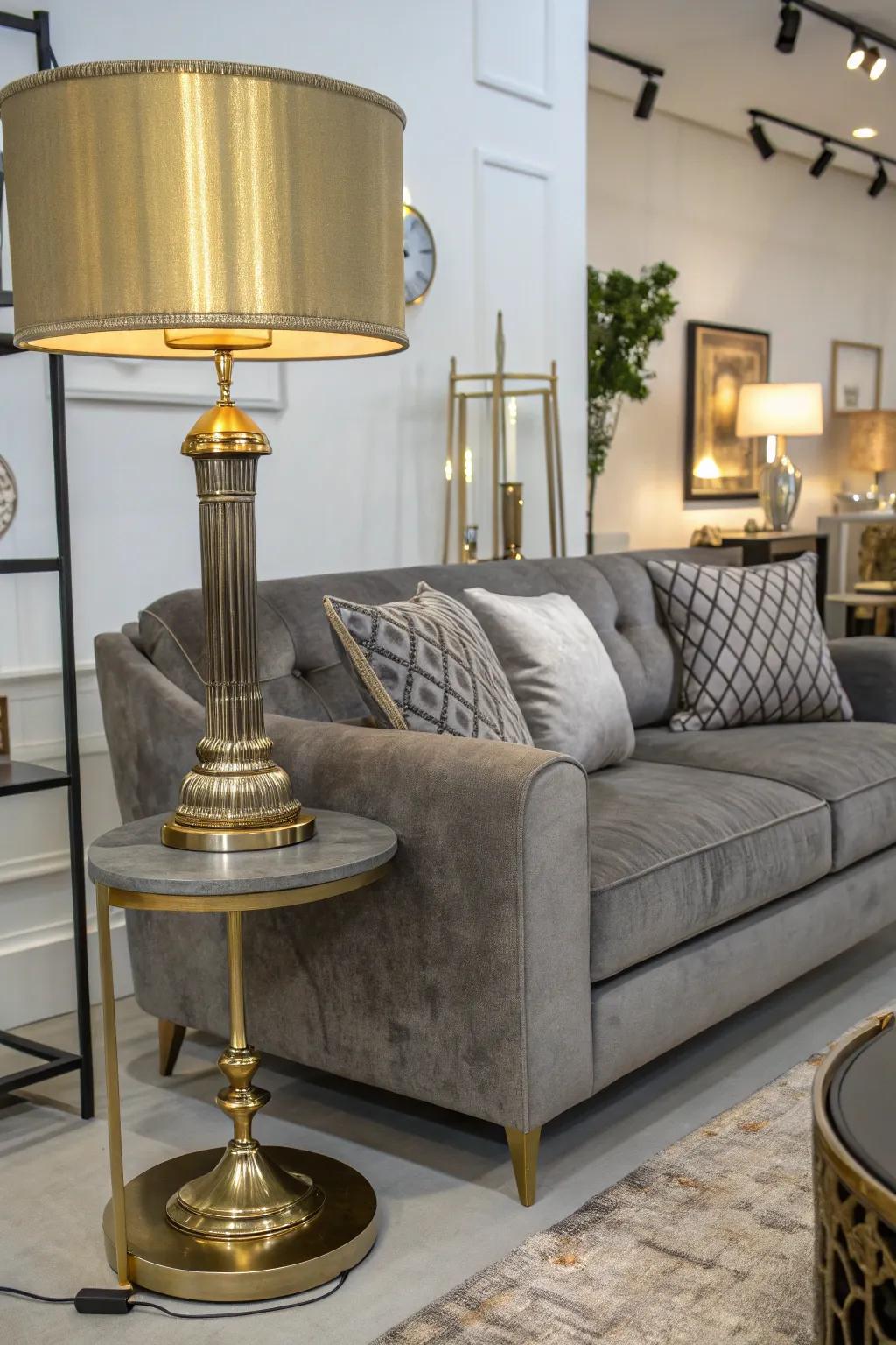 Gray sofa designed with stylish shimmering details.