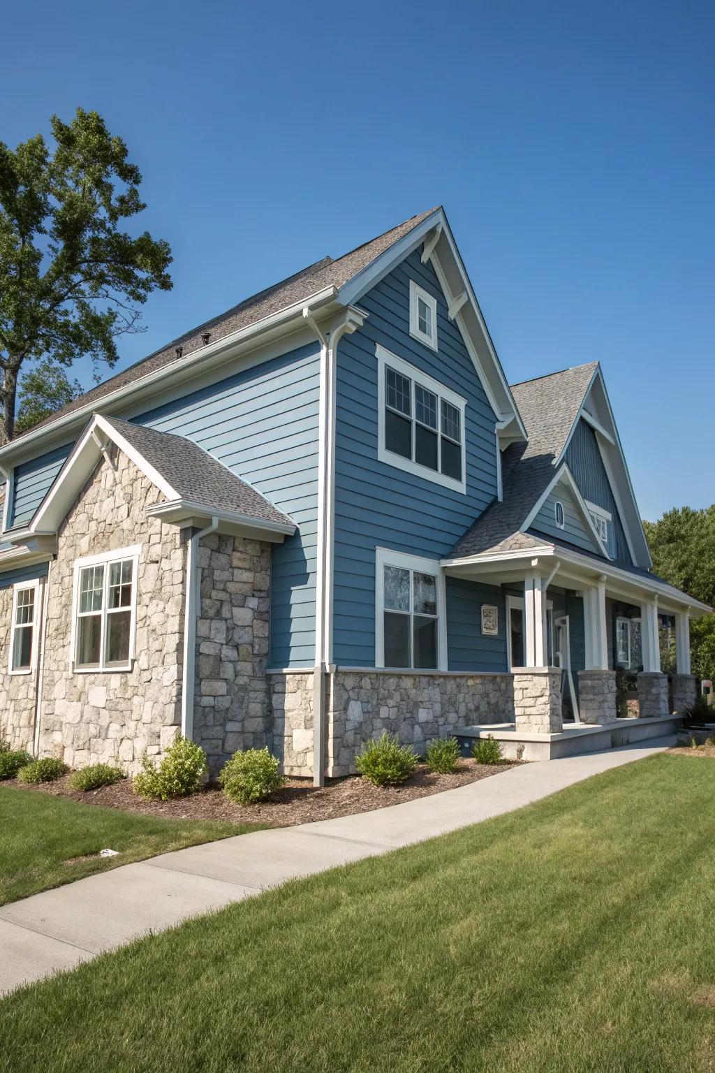 Blue-grey and stone make for a sophisticated and textured exterior.