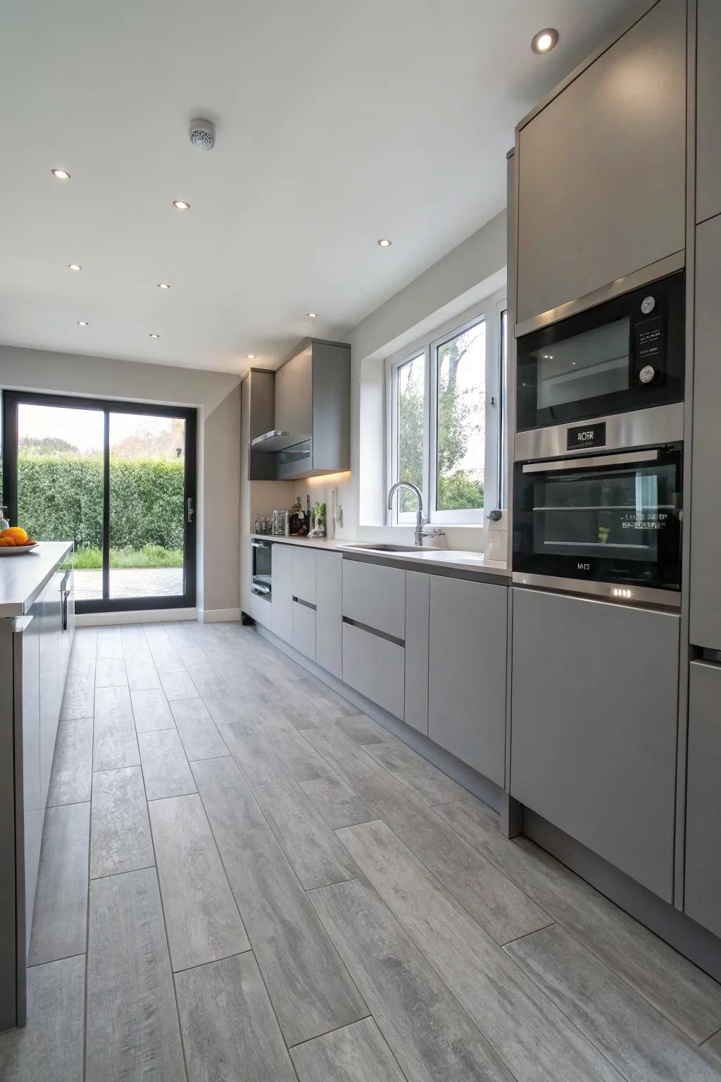 Grey vinyl flooring offers style and practicality in this modern kitchen.
