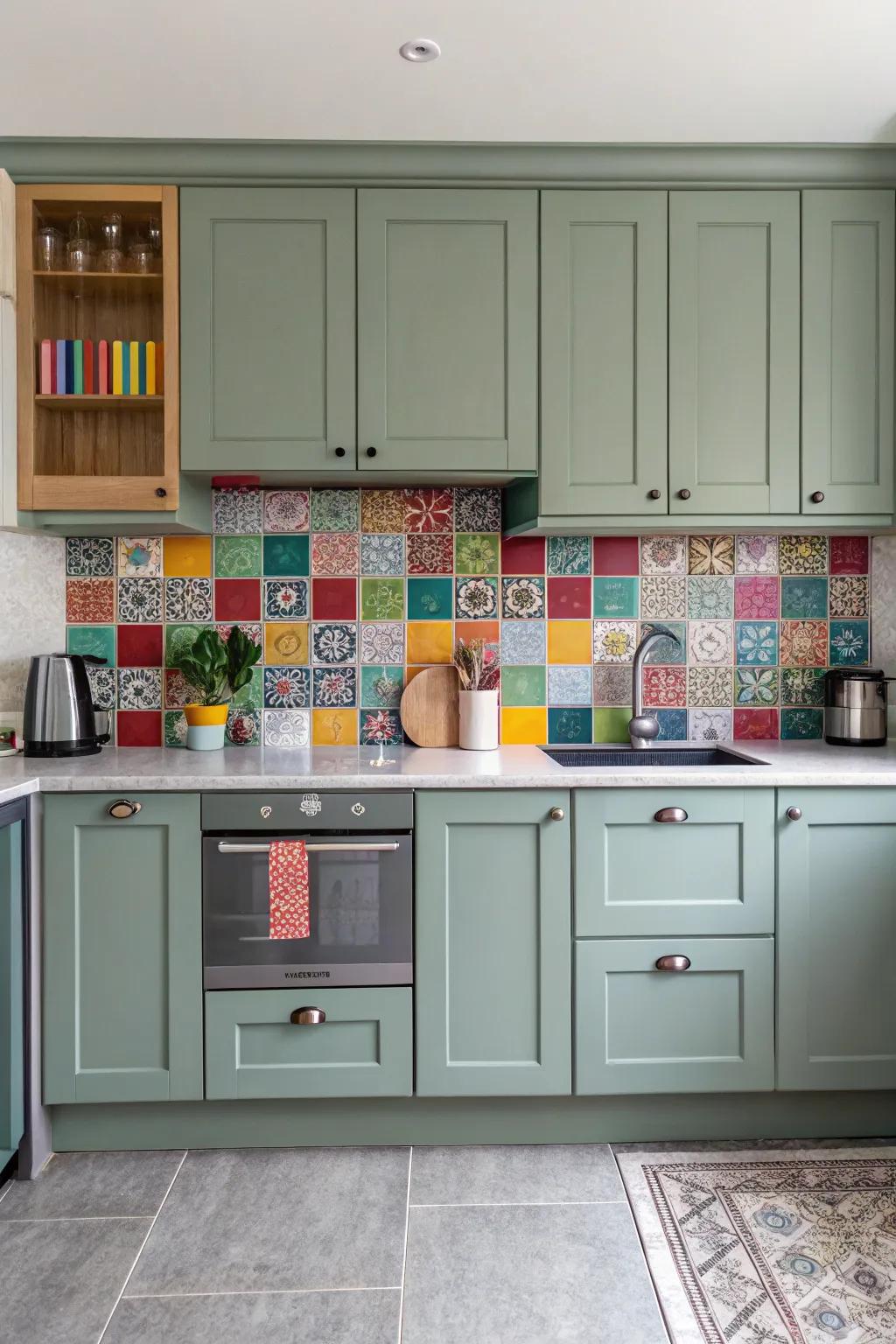 A vibrant backsplash creates a striking contrast with these grey-green cabinets.