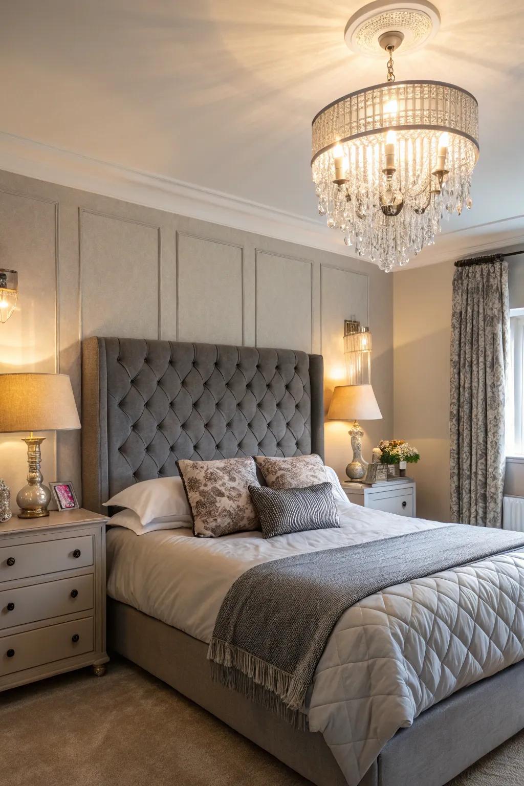 A bedroom with a grey headboard, illuminated by a mix of a chandelier and lamps.