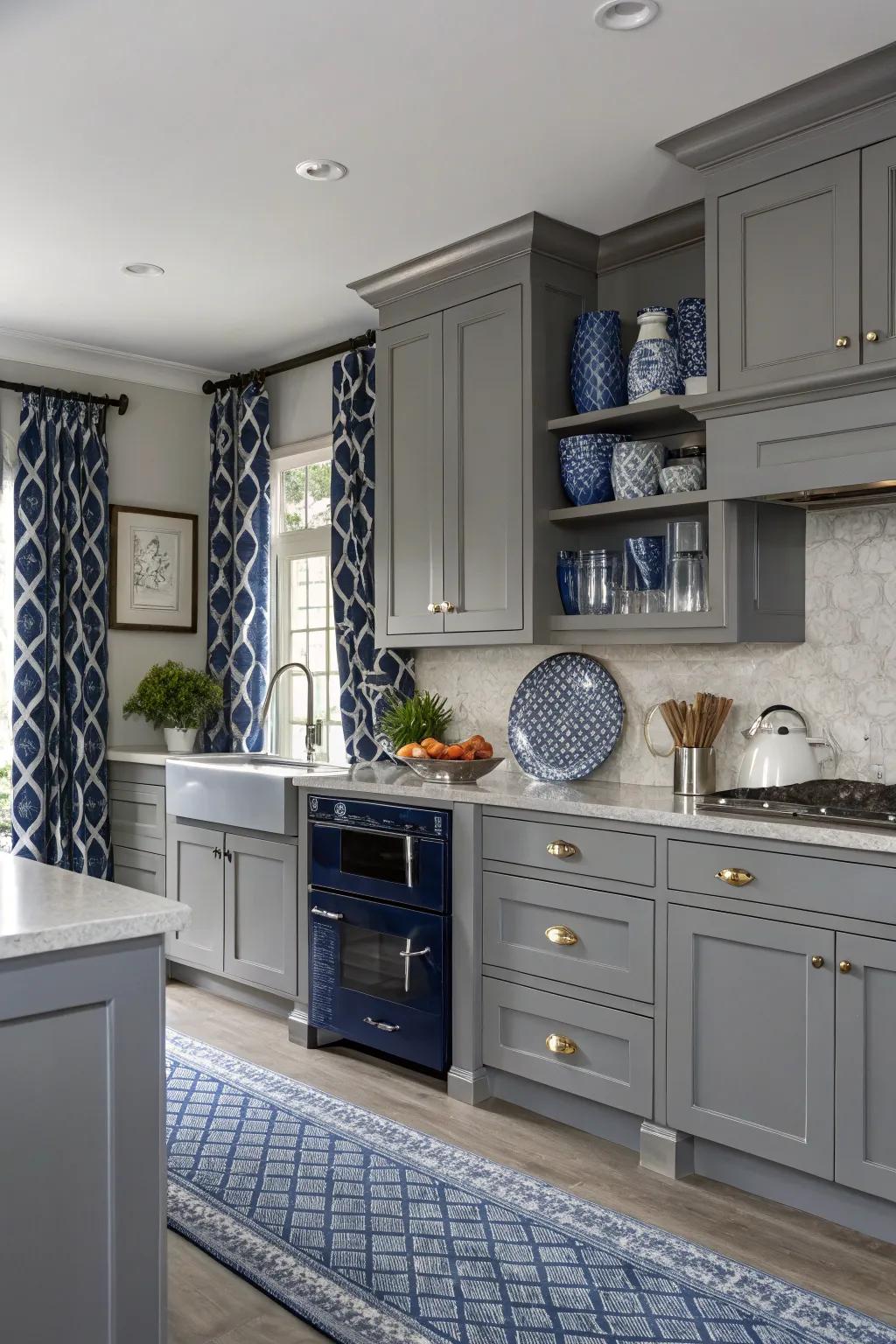 Bold color highlights introduce a striking contrast within a grey kitchen.