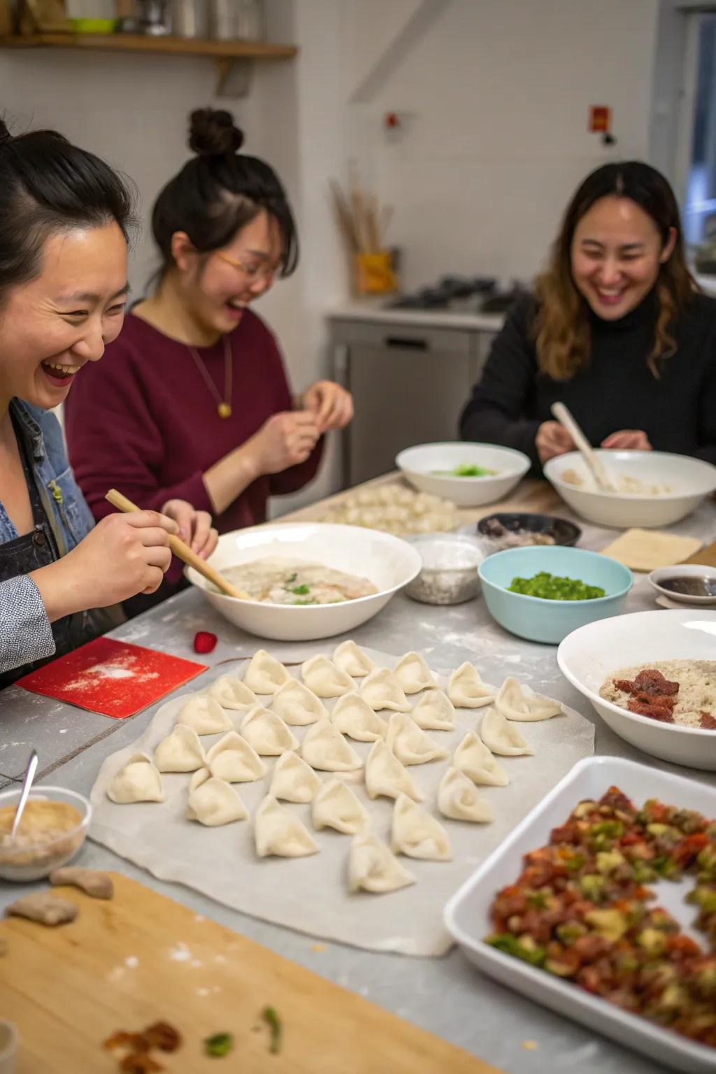 Fold and fill: creating dumplings as a social activity.
