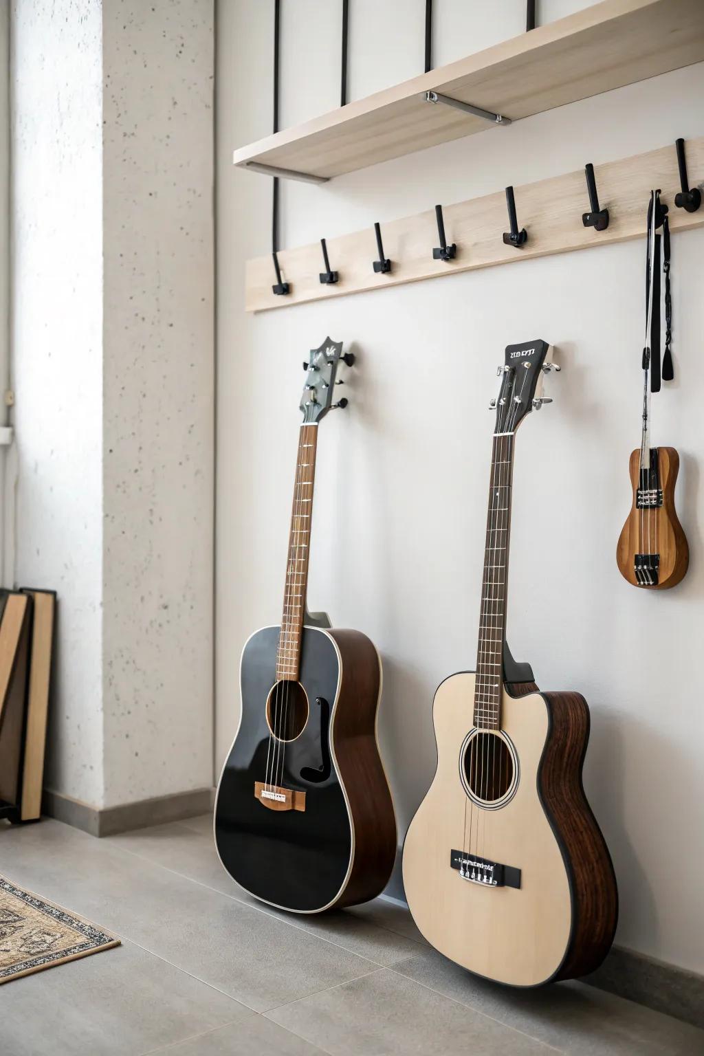Guitars presented using minimalist pegs for a tidy aesthetic.