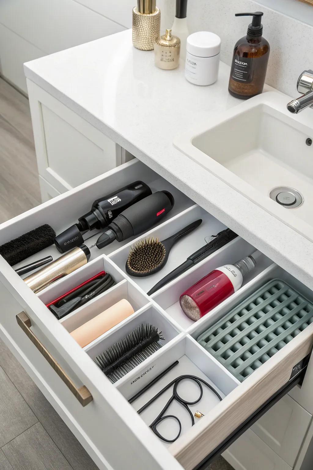 Neat drawer inserts for perfectly organized hair essentials.