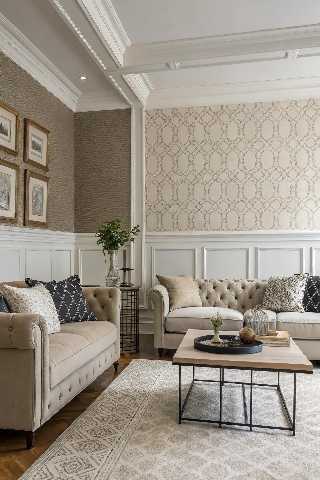 An elegant living space featuring paneling and textured wall coverings, providing timeless elegance.
