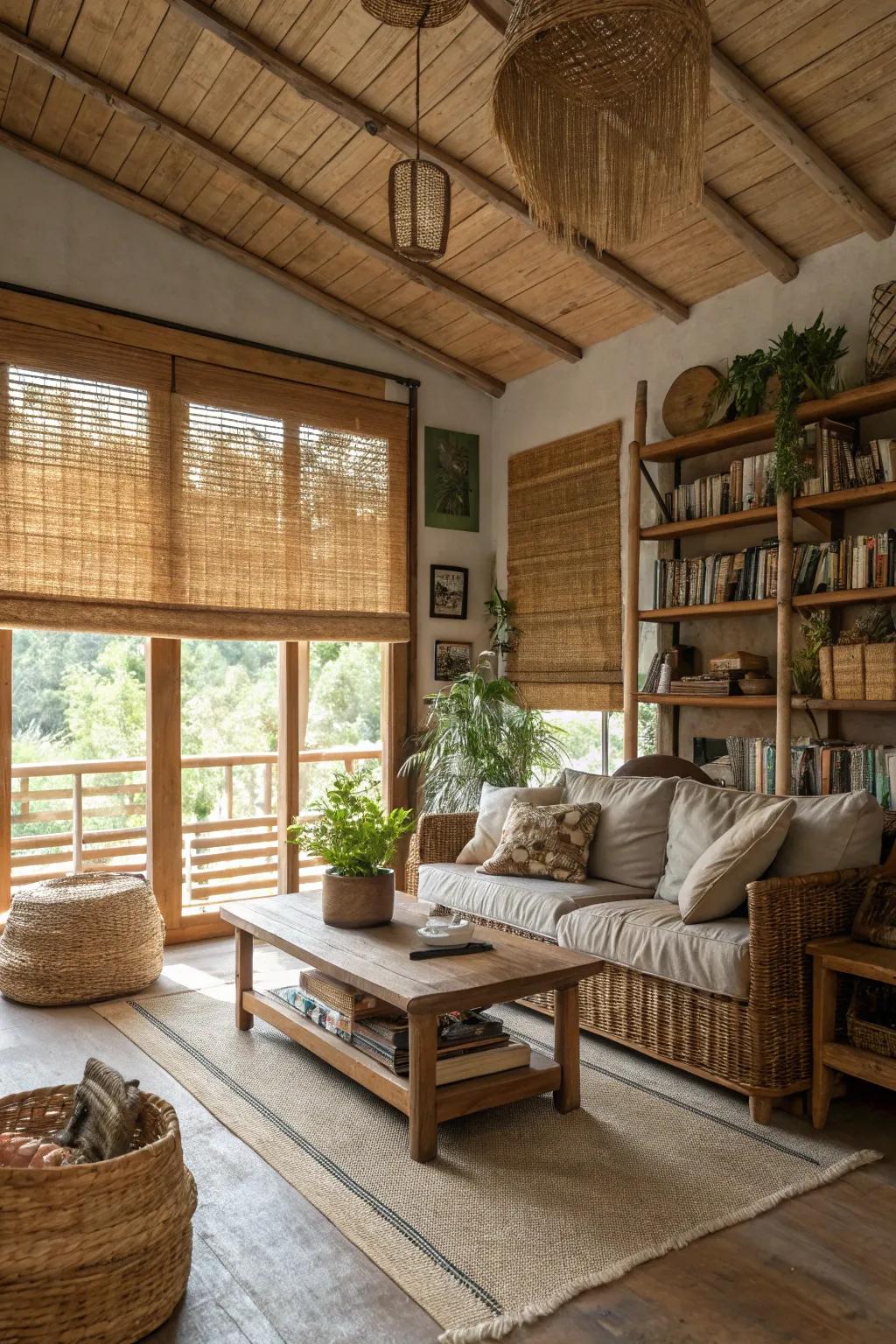 Country style living room showcasing bamboo half window blinds.