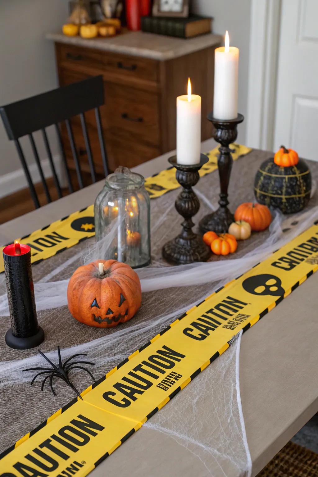 A spooky table arrangement employing hazard tape as a runner.