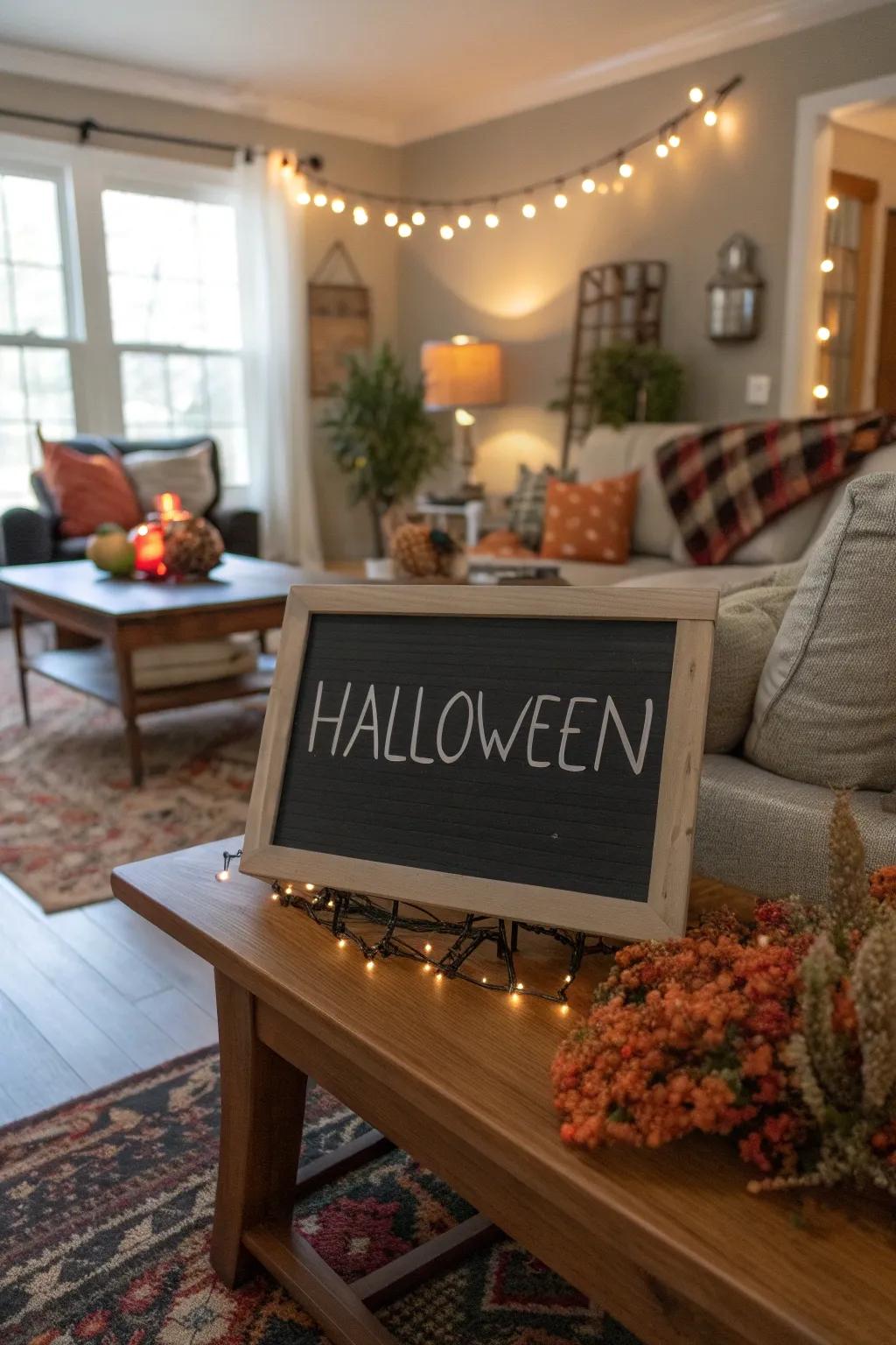 A customizable chalkboard sign featuring a Halloween greeting.