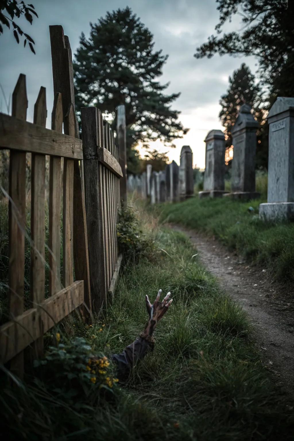 A terrifying cemetery vista featuring undead coming up from their graves.