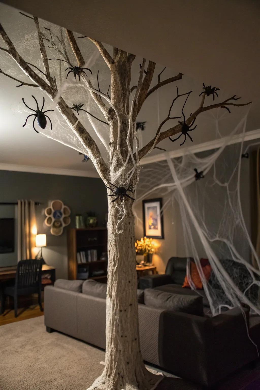 A Halloween tree with an eerie spider web theme.