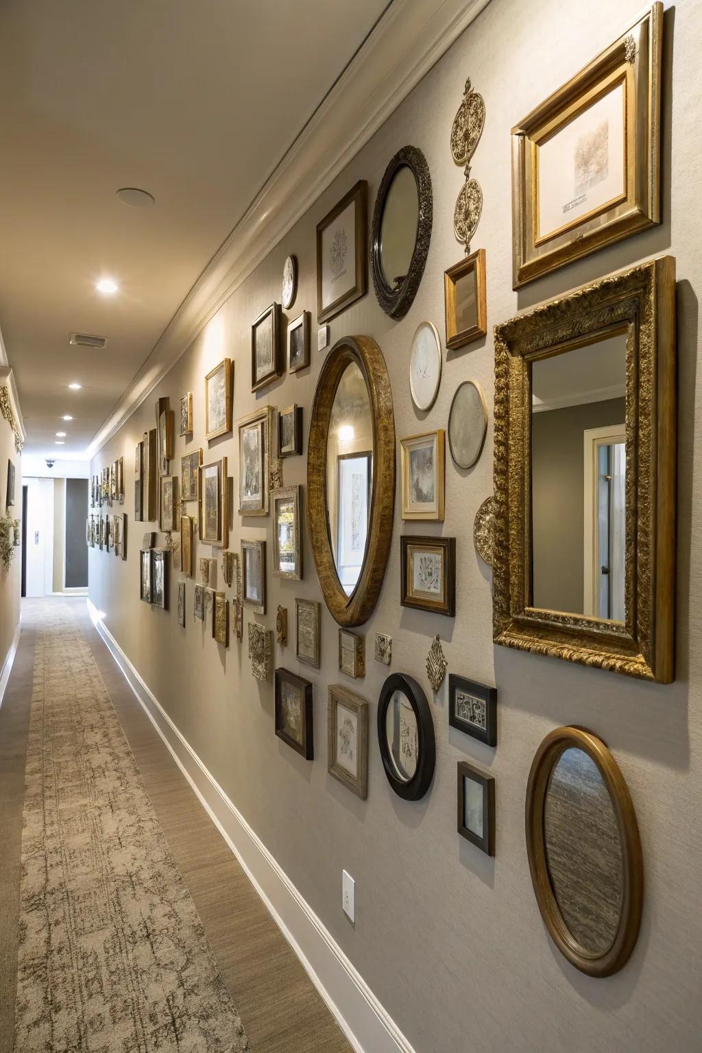 A dynamic gallery wall of mirrors adds character.