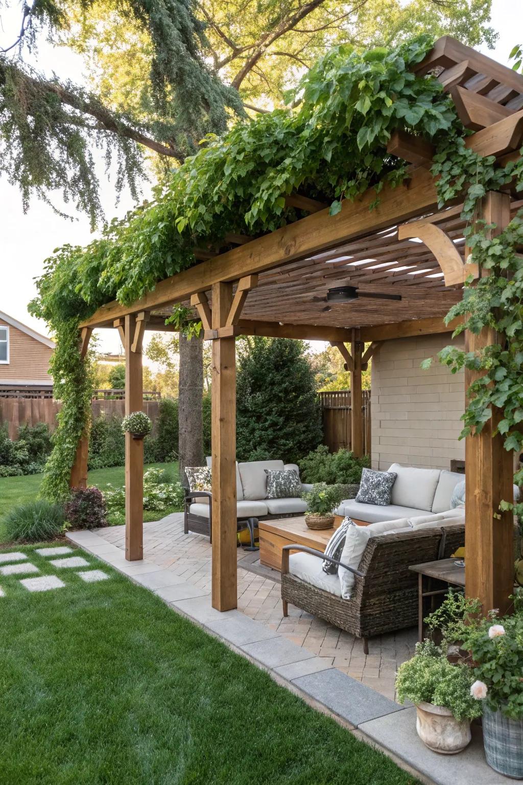 A pergola offers both shade and style, elevating the Hamptons vibe of your backyard.