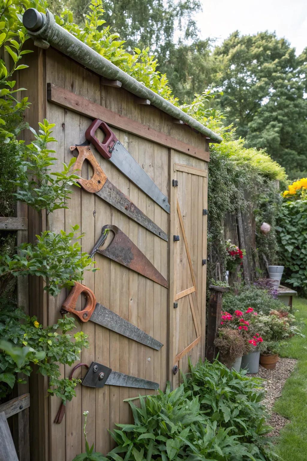 Handsaws arranged as a conspicuous garden structure adornment.