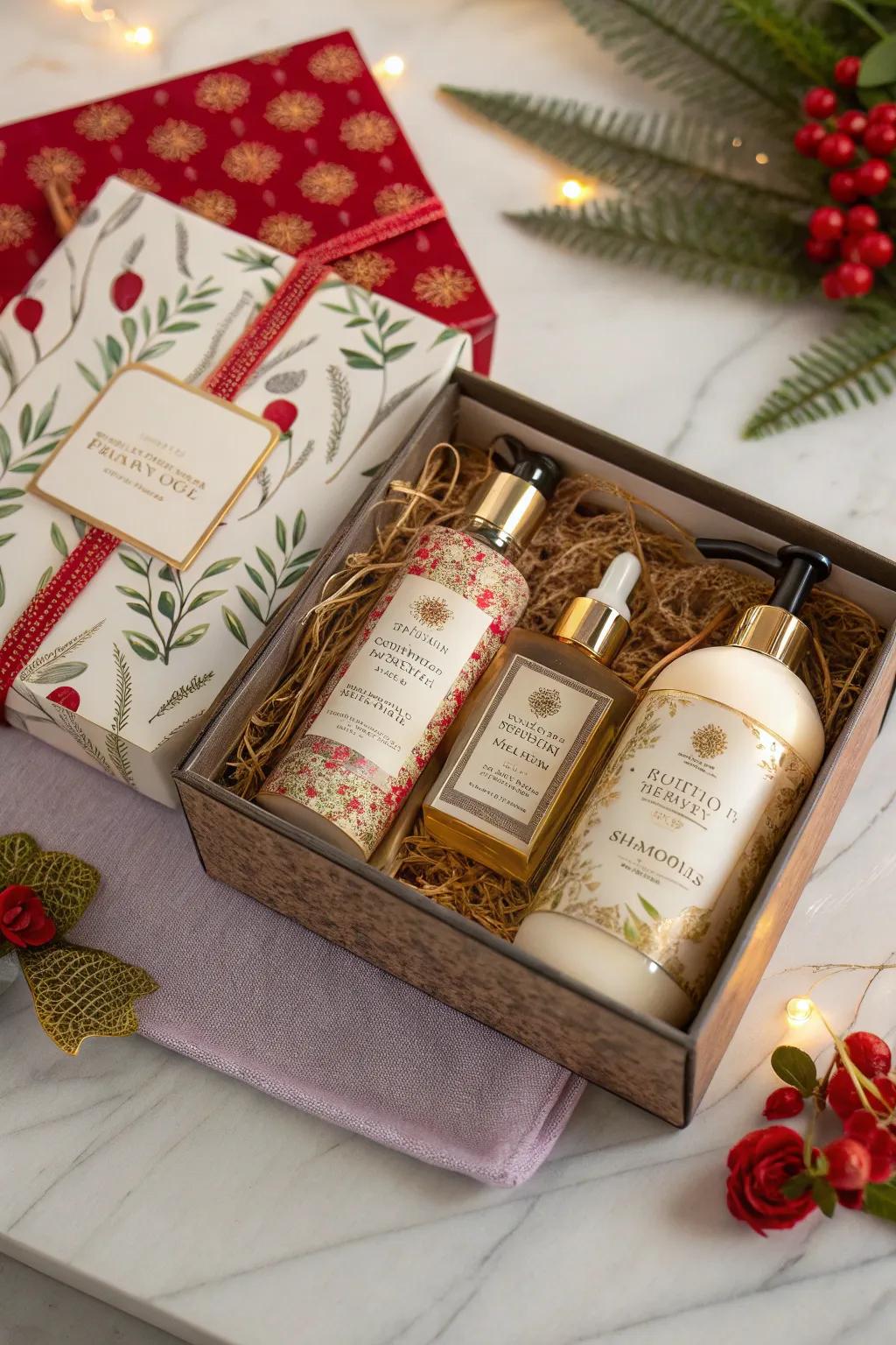 A fancy gift ensemble mixing hand cleanser with complementary items